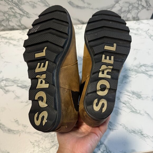 Sorel Women 7.5 Joan of Arctic Boot Tan Hidden Wedge Burnished Leather Chelsea - Picture 6 of 7